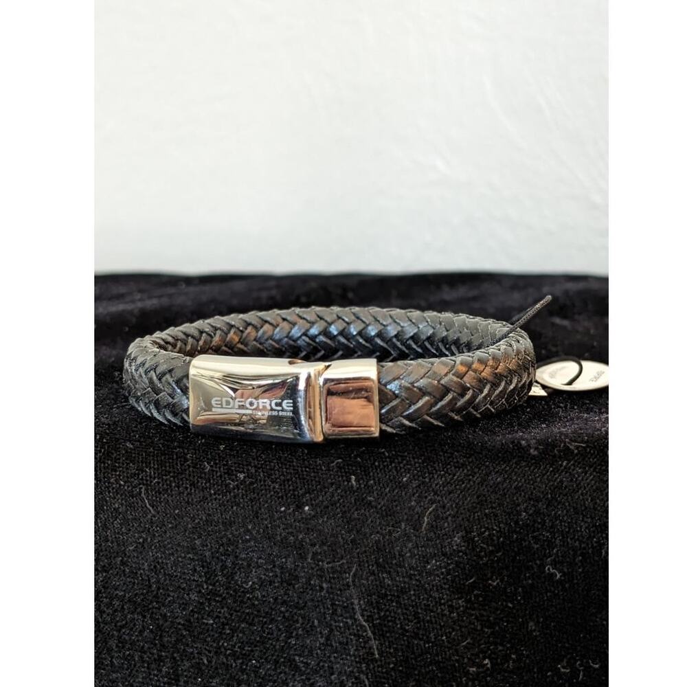 EDFORCE Stainless Steel Black Braided Leather Bracelet NWT